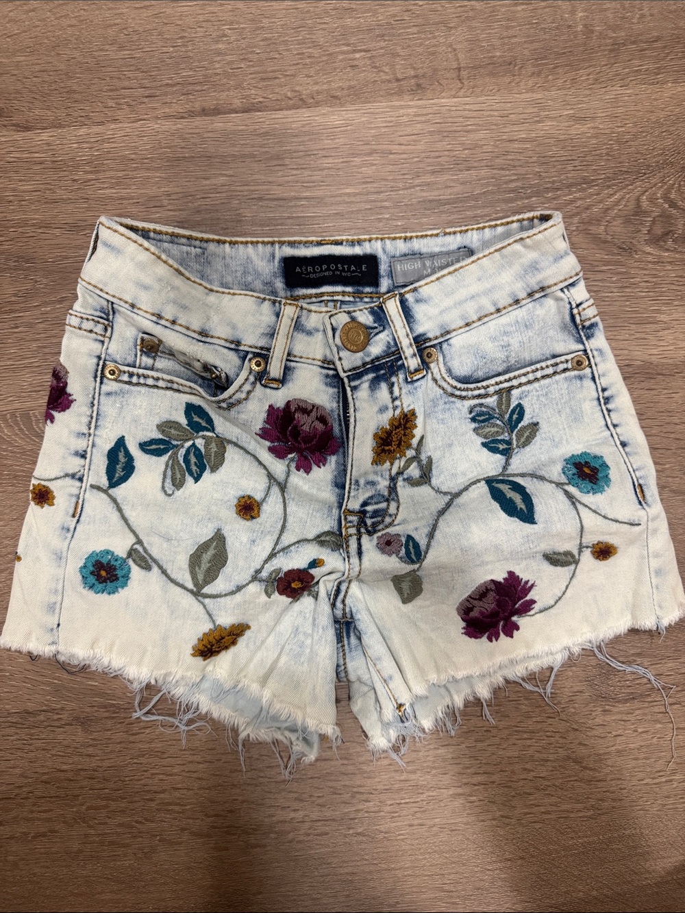 Aeropostale Light Blue Denim Shorts with Multicolor Floral Embroidery